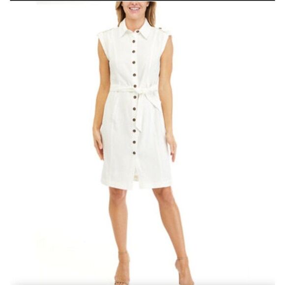 Calvin Klein Womens Dress White S Denim Collared Button Front Dress 6 - Picture 1 of 12